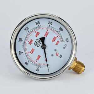 PRESSURE GAUGE 0-450 BAR 4" DIAL 1/2" BSP BOTTOM CONNECTION SS CASE BRASS THREAD FIMA