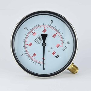 PRESSURE GAUGE 0-20 BAR 6" DIAL 1/2" BSP BOTTOM CONNECTION SS CASE BRASS THREAD FIMA