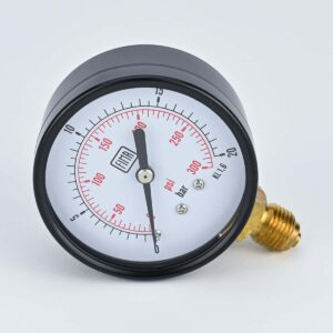 PRESSURE GAUGE 0-20 BAR 2.5" DIAL 1/4" BSP BOTTOM CONNECTION BLACK CASE BRASS THREAD FIMA