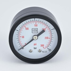 PRESSURE GAUGE 0-20 BAR 2" DIAL 1/4" BSP BACK CONNECTION BLACK CASE BRASS THREAD FIMA