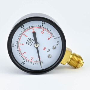 PRESSURE GAUGE 0-1 BAR 2" DIAL 1/4" BSP BOTTOM CONNECTION BLACK CASE BRASS THREAD FIMA