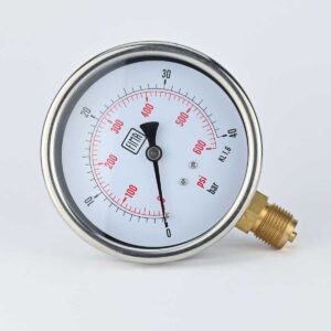 PRESSURE GAUGE 0-40 BAR 4" DIAL 1/2" BSP BOTTOM CONNECTION SS CASE BRASS THREAD FIMA